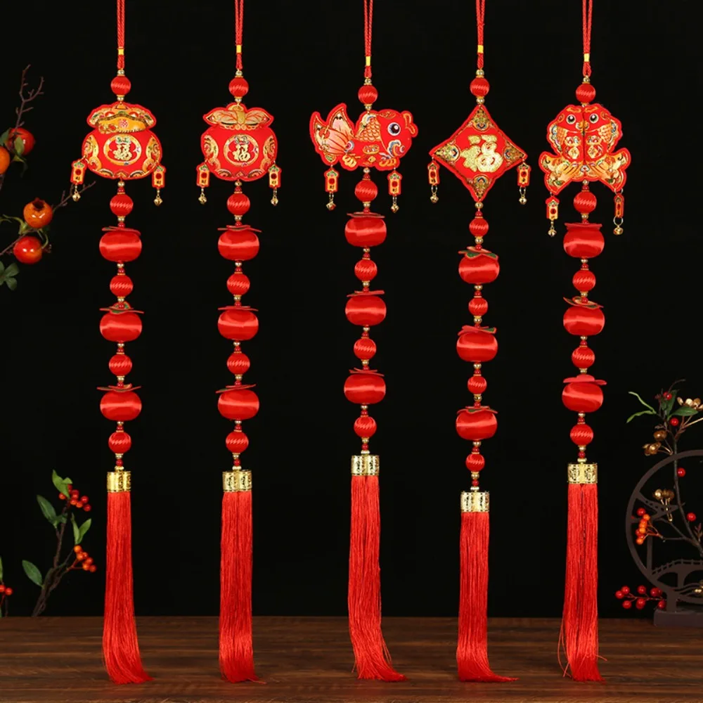 Tassels New Year Lantern String Good Fortune Fu Red Lantern Hangings Persimmon Flocking Fabric Chinese Decoration Pendant Door