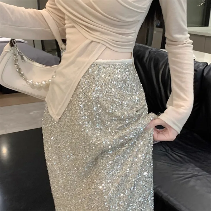 ALIDISC Sequin Fishtail Long Half Skirt for Women24Spring High Waist Slim A-line Wrap Hip Small Tall and Luxury Party Half Skirt