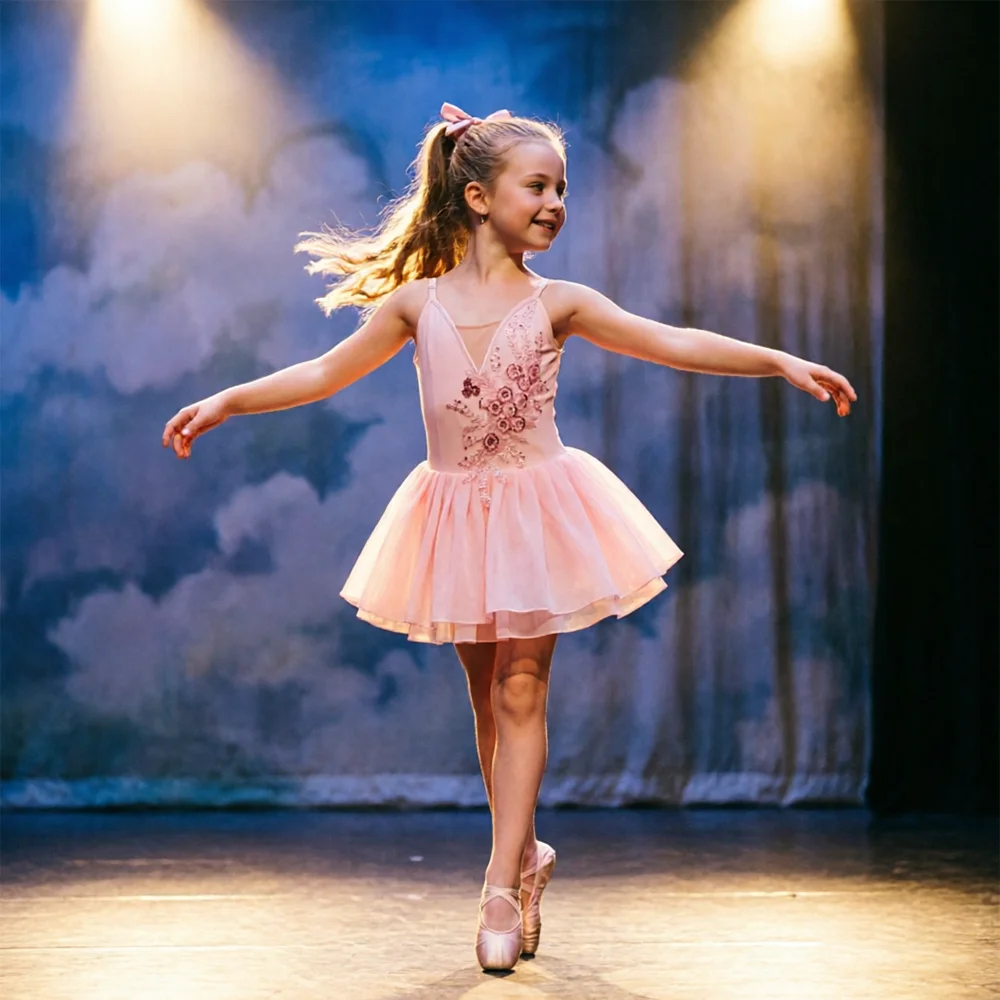 

Girls Pink Chiffon Ballet Leotard with Skirt Professional Cupid Style Dance Costume for Kids Contemporary Performance Outfit