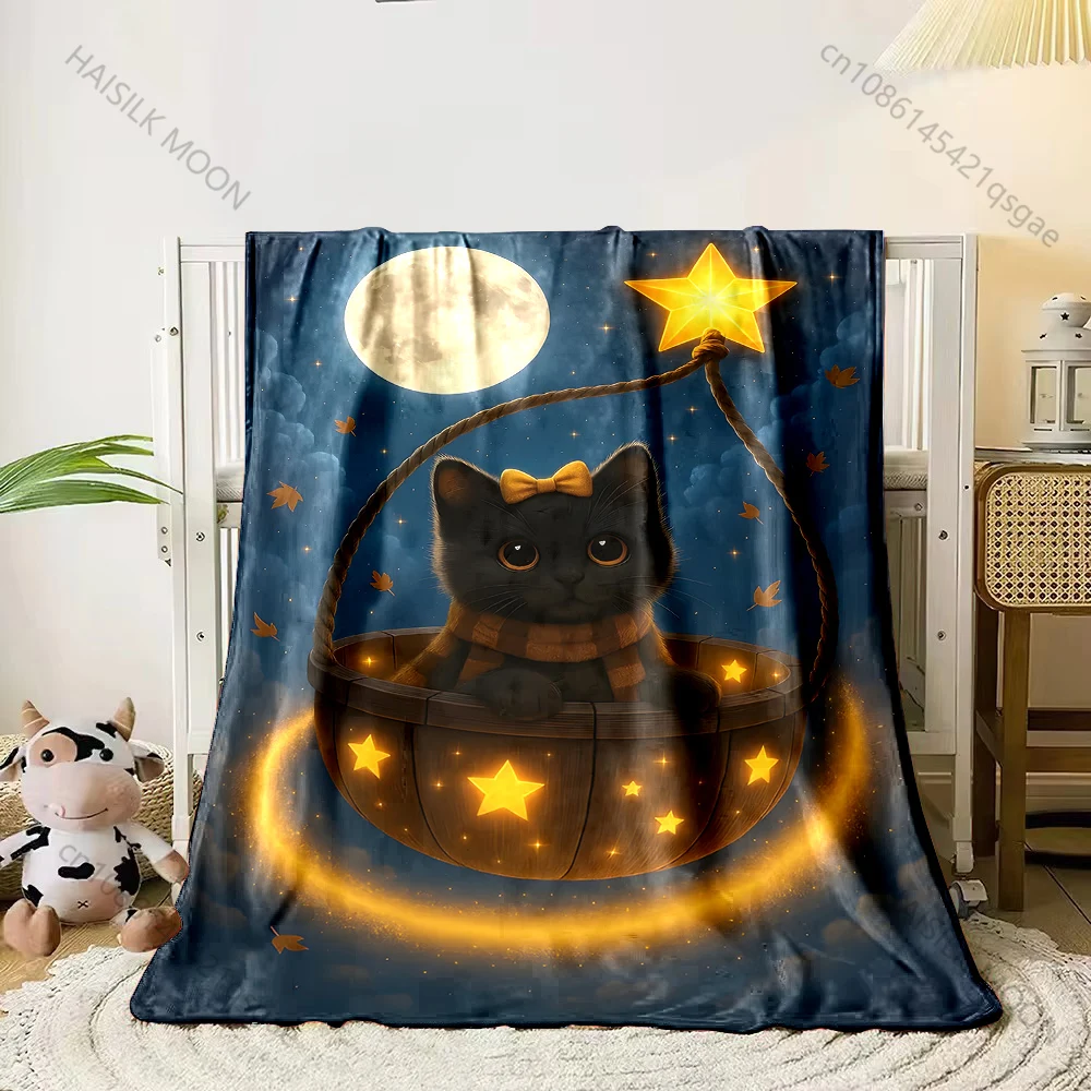 Black cat in basket, starry sky Print Adult Children Warm Blankets Home Travel Car Soft Comfortable Suitable for all seasons