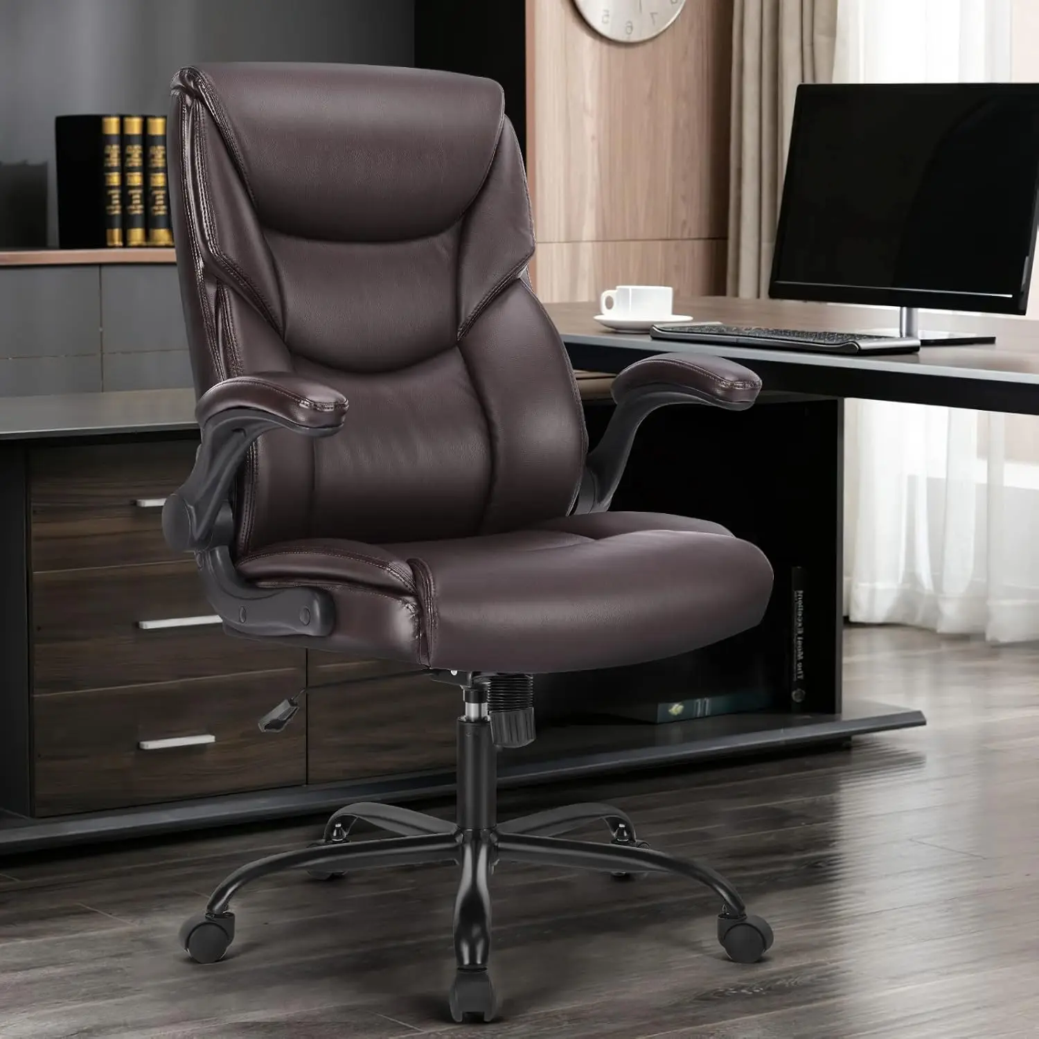 Ergonomic PU Leather Executive Office Chair, Swivel Computer Desk Chair with Lumbar Support Flip-up Arms Dark Brown