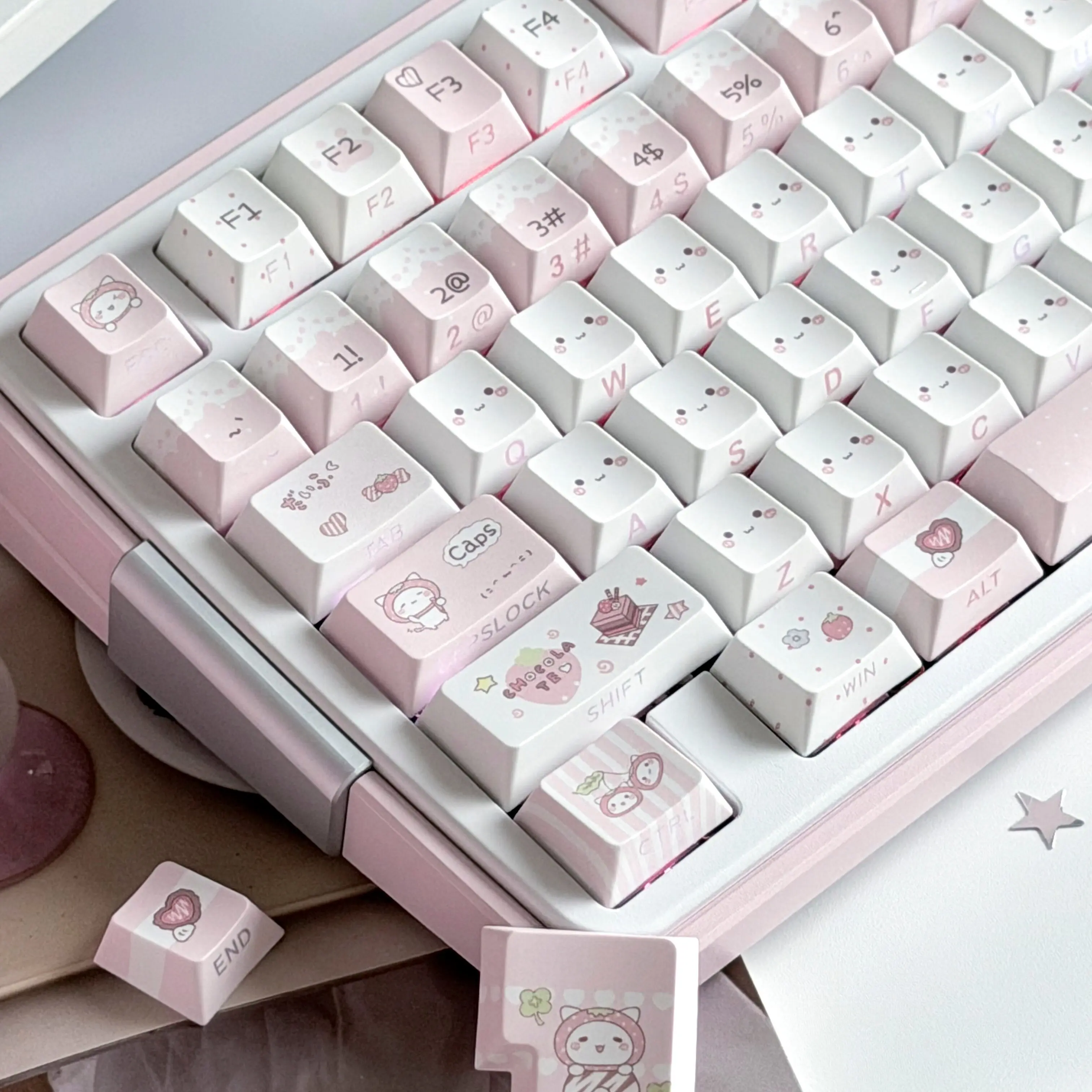 MAIMOOO Strawberry Meow Cute Keycap Cherry Profile PBT Custom Side Engraved Pink Kawaii Cat Keycaps for MX Mechanical Keyboard