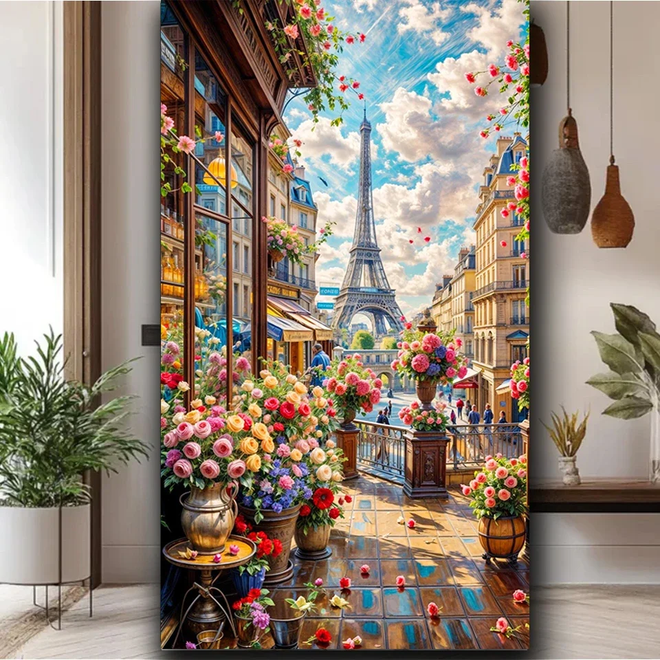 Large Diamond Painting Set,5D Famous Tower City Street View Diamond Mosaic Art Set,DIY Pair City Street Full Diamond Embroidery