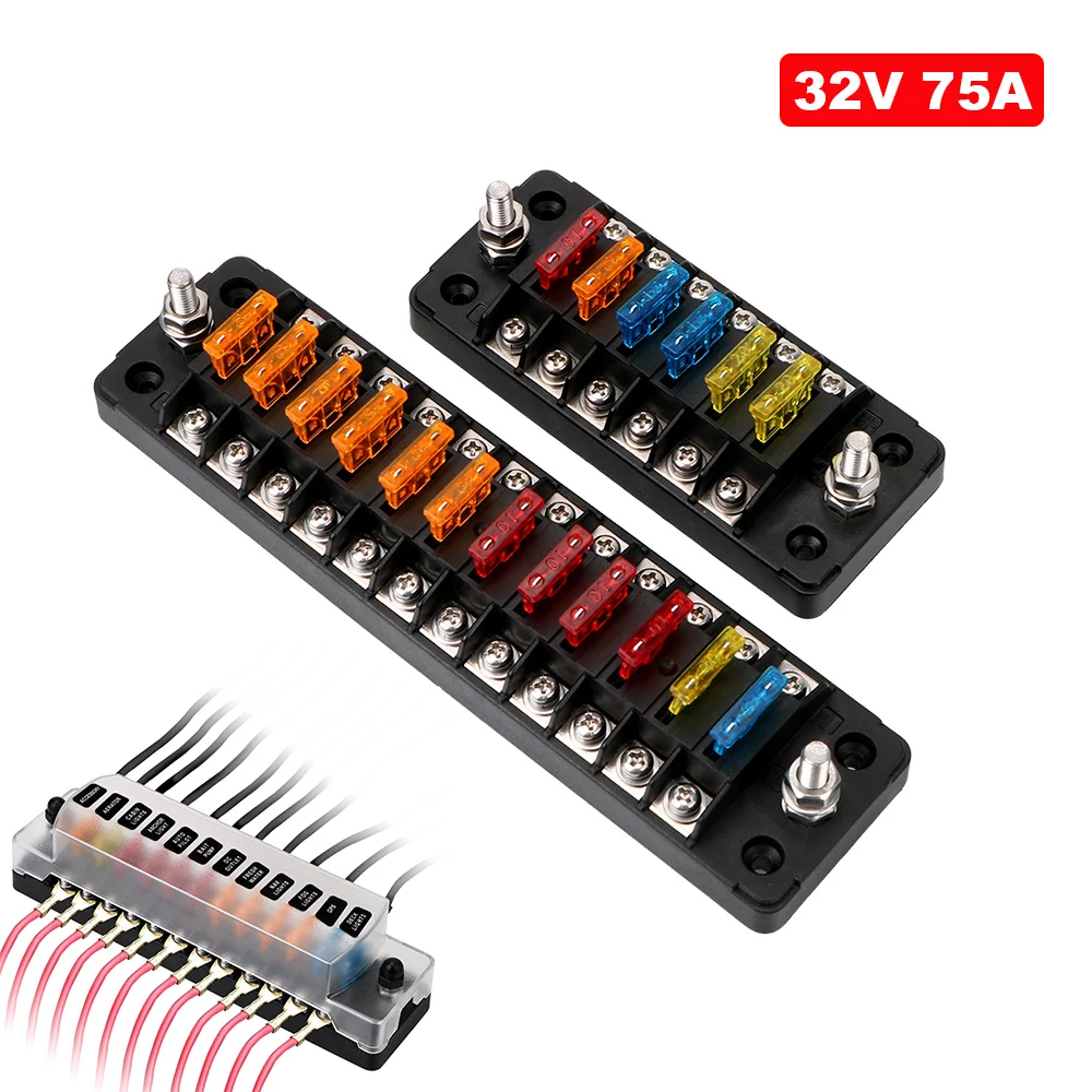 32V 75A RV Fuse Box Flame Retardant 6 Ways 12 Ways Blade Fuse Block Car Fuses Surge Protector Trailer Truck Marine Boat Supplies
