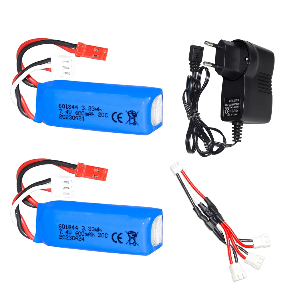 7.4V 600mAh Lipo Batterij en USB Lader voor WLtoys K969 K979 K989 K999 P929 P939 RC Auto speelgoed accessoires 2S 7.4v 601844   Batterij