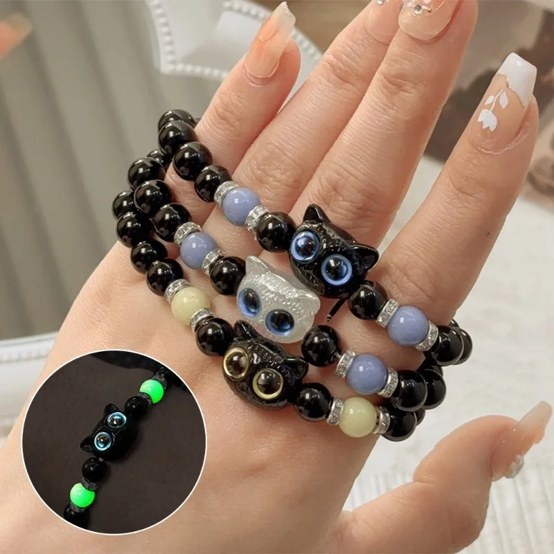 Luminous Big Eye Cat Bracelets for Girls Men Cartoon Animal Pendant Beaded Hand Chain Friendship Couple Bracelet Jewelry Gifts