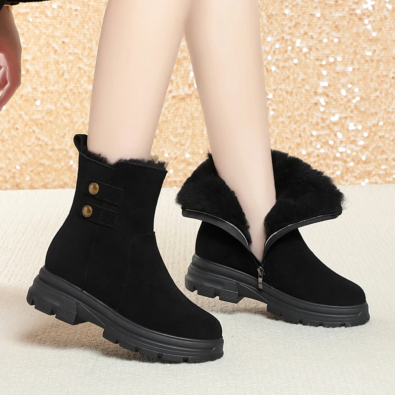 DIMANYU Women Winter Snow Boots Genuine Leather Non-Slip Natural Wool Warm Short Boots Plus Size Women Ankle Boots