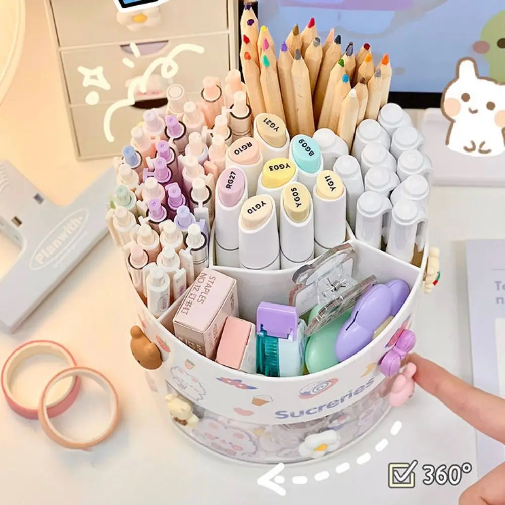 Rotating Pen Holder with Stickers Multifunctional Desktop Drawer Stationery Case Kawaii Large Capacity Storage Box Organizer