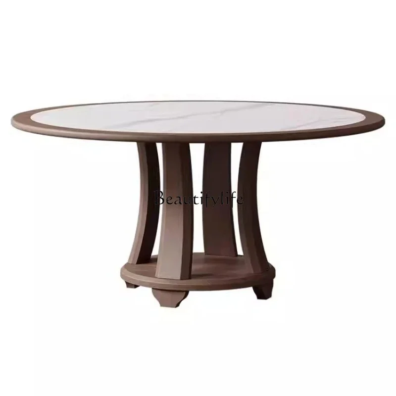 

ls 04Medieval rock slab dining table New Chinese retro round table with turntable Household walnut round solid wood