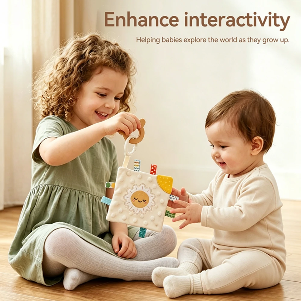 Multi-functional Baby Label Soothing Towel With Wooden Beech Ring Sheep Baby Cloth Book Security Blanket For Newborn Sleep ToYs - view 5