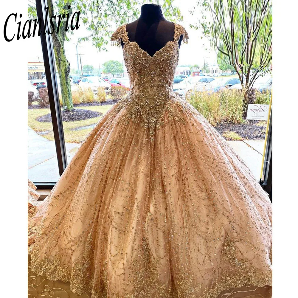 

Sparkly Champagne Crystal Quinceanera Dress Ball Gown Lace Appliques Corset Vestido De 15 Anos