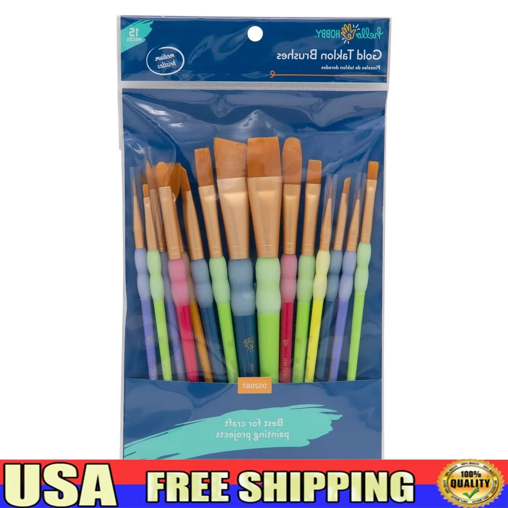 15pc Multi-Color Brush Set Artists Crafters Hobbyists Easy Clean Ergonomic Handles Versatile Painting Tools All Skill Levels