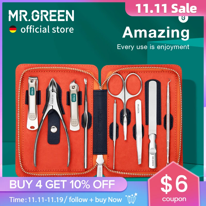 

MR.GREEN Manicure Set 9 in 1 Professional Practical Kit With leather case Stainless Steel Nail Clippers Personal Care Tool
