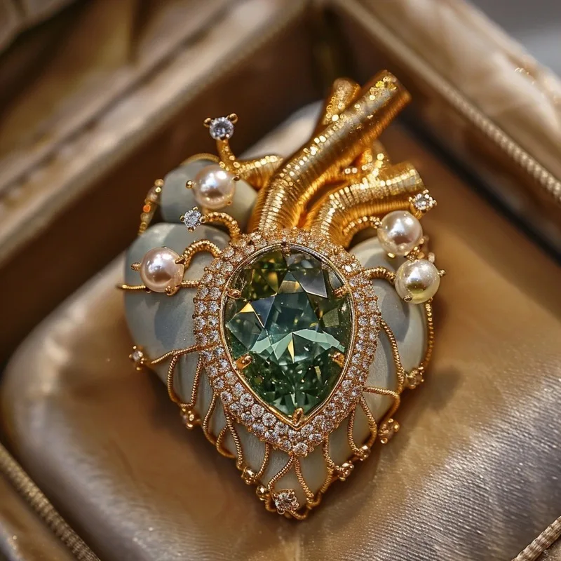European and American cross-border emerald crystal heart brooches, custom pearl jewelry, high-end foreign trade products
