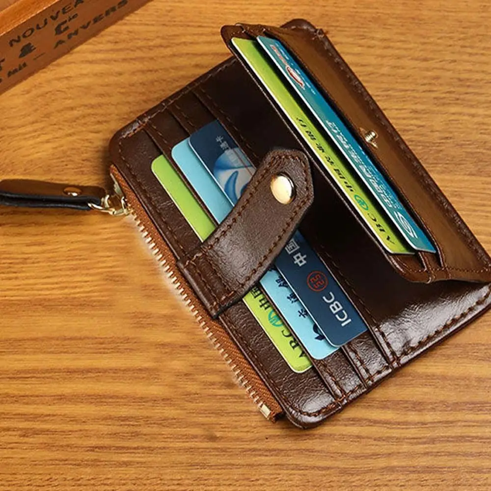Simple Korean Style Retro Card Bag Multiple Card Slots Wallet Mini Wallet PU Solid Color Zipper Coin Purse Men