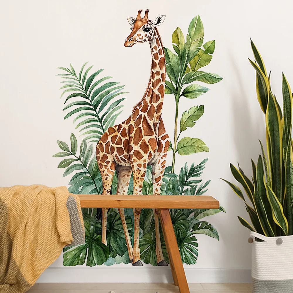 Contemporary Giraffe & Greenery Wall Decal - Self-Adhesive, Multi-Surface Home Decor for Bedroom, Living Room, Entryway