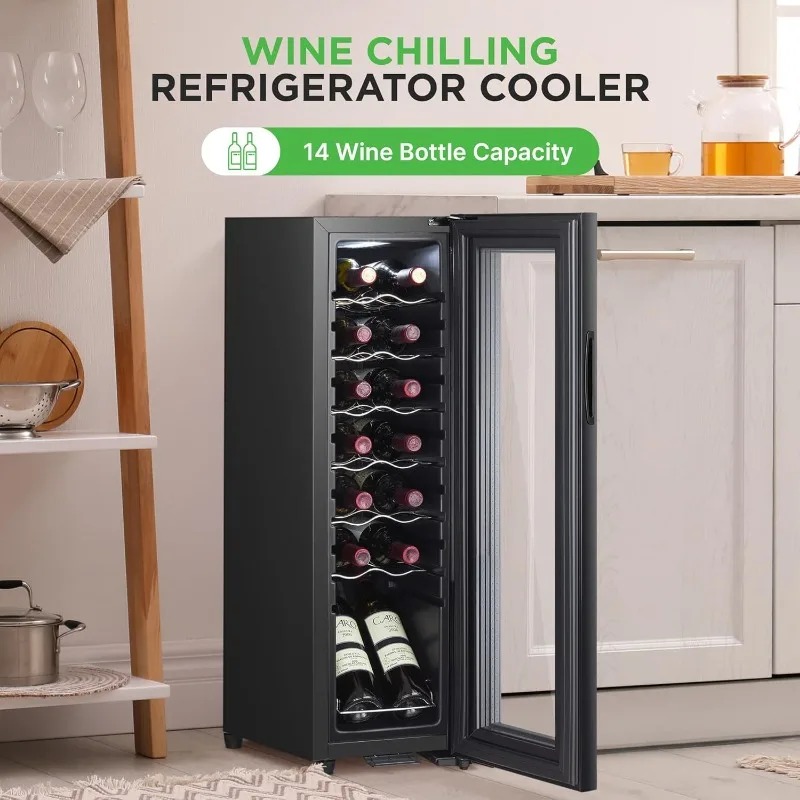 NutriChef Single-Zone Wine Cooler & Chiller – Digital Touch Control, Airtight Seal, 14-Bottle Capacity, Black