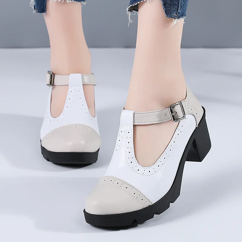 New Women Genuine Leather Buckle Strap Mary Janes Platform Shoes Woman Pumps High Heels Dress Shoes Retro Ladies Wedding Shoes