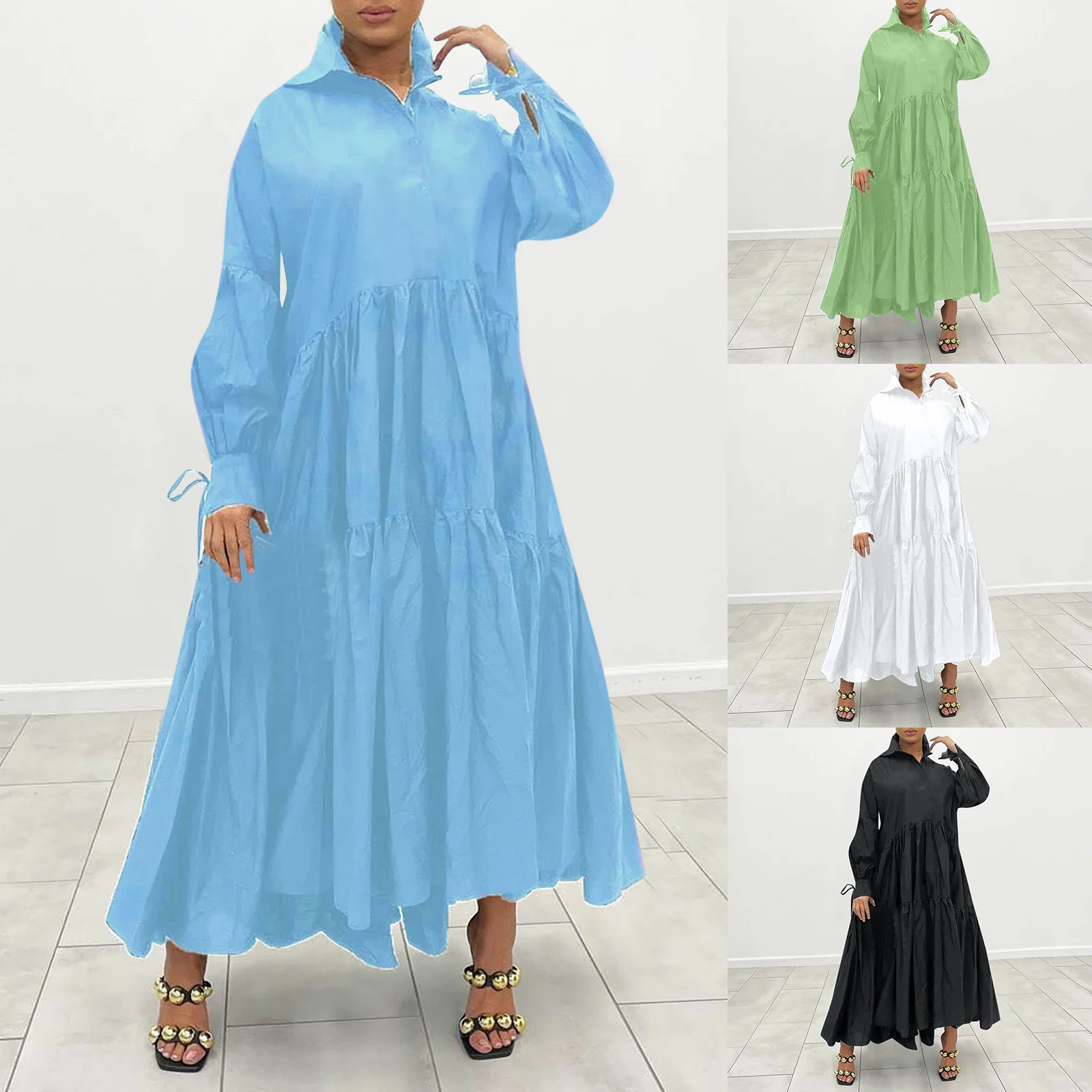 Plus Size Women Lapel Collar Long Sleeve Single Breasted High Low Asymmetrical Big Swing Loose Elegant Shirt Smock Maxi Dress