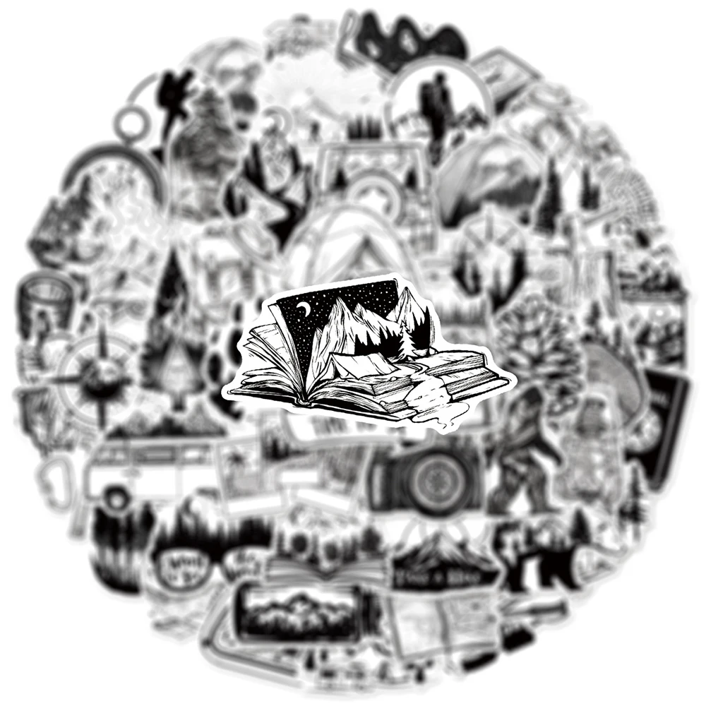 10/30/50 قطعة مضحك التنزه السفر تسلق الجبال ملصقات التخييم في الهواء الطلق أسود أبيض الكتابة على الجدران الشارات لحقيبة الهاتف المحمول