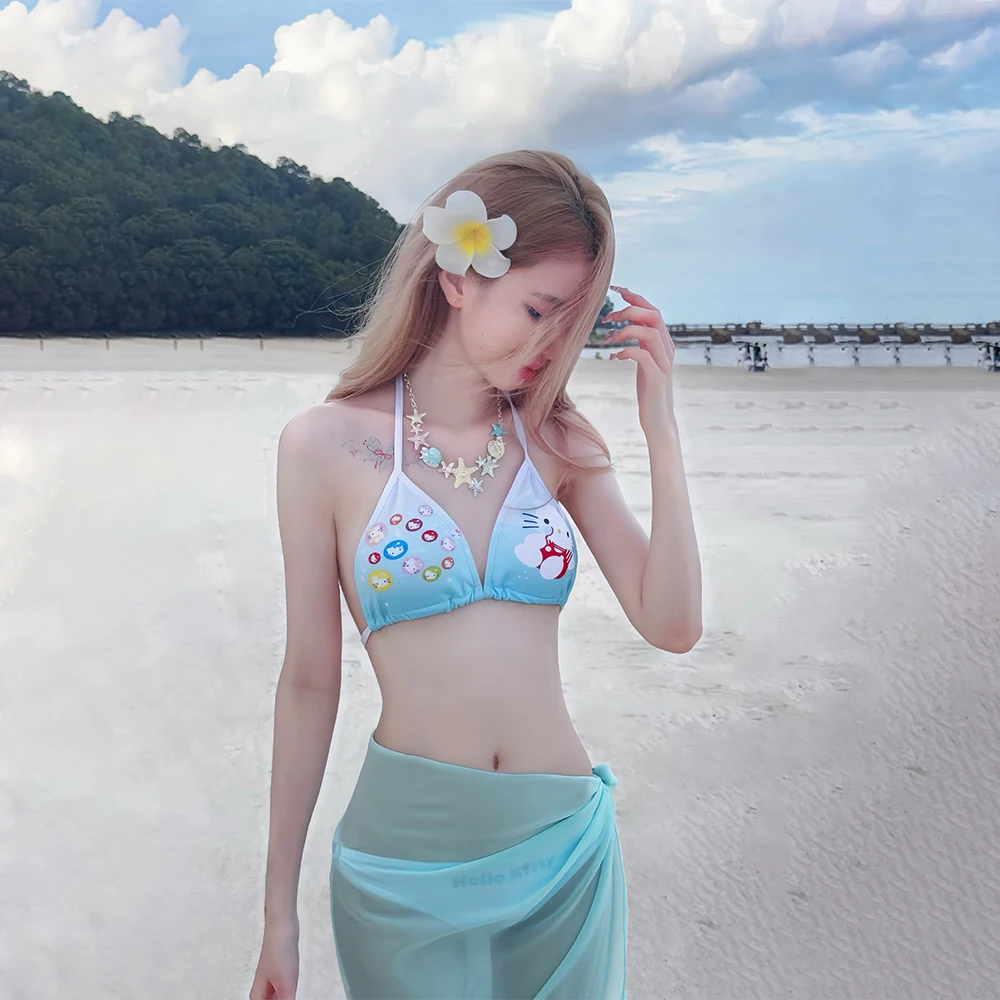 

Cartoon Kawaii Anime Hello Kitty Woman's Bikini Set Swimsuit Fashion Print Gradient Color Take A Photo Japanese Girls Beachwear