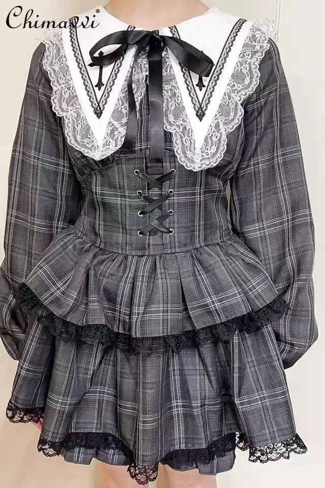 

Japanese Mass-Produced Sweet Cute Dress Set Spring Autumn New Lace Patchwork Slim Long Sleeve Dress Shorts Girl Lolita Sets