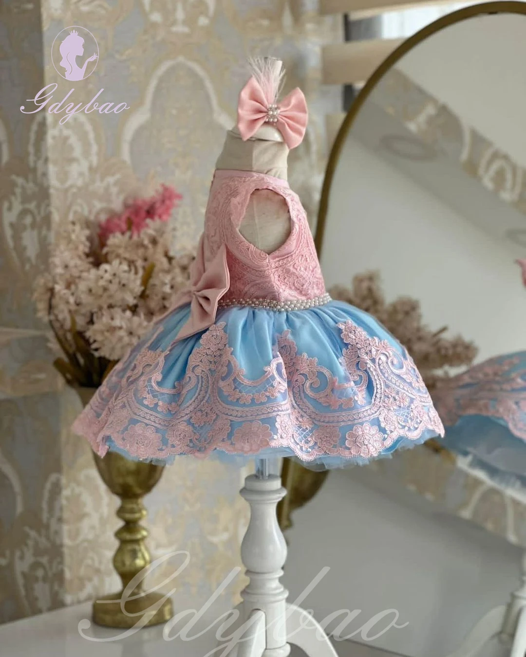 Vestido de encaje de tul rosa para niña, apliques de cuentas hinchadas con lazo, fiesta de cumpleaños para niños, vestidos de baile de primera comunión