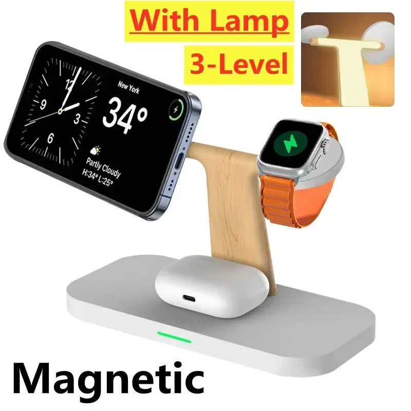 Magnetic Wireless Charger Stand For iPhone 16 15 14 13 Pro Max Apple Watch 8 7 6 Airprods 3 In 1 Macsafe Fast Charging Station