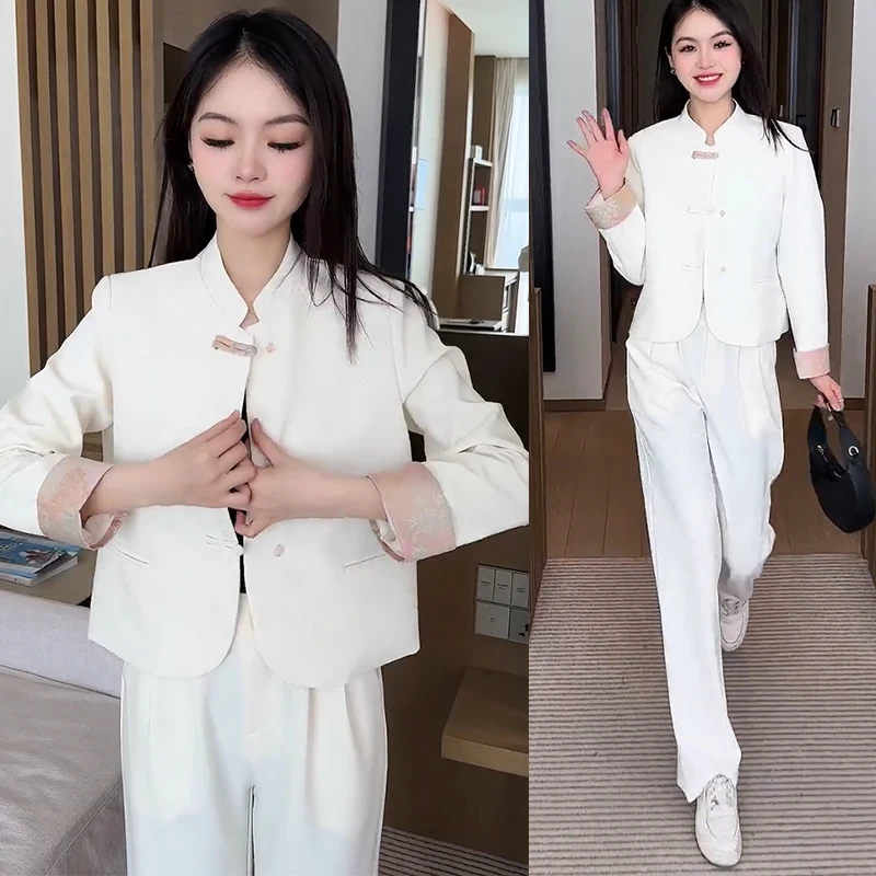 

Women's Spring Chinese Button Up Blazer Wide Leg Pants Set Vintage Elegant Standing Neck Printed Spliced Suit Pant Two Piece Set