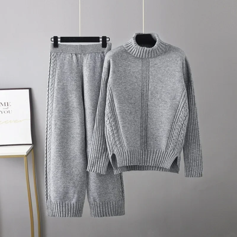 Damen 2-teiliges Set aus Rollkragenpullover und Mantel, Lässige Weite Hose mit Elastischem Bund, Herbst-Winter-Outfit – Detail 12