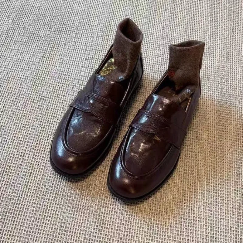 Vintage Women's Slip-On Loafer Shoes Low Heel Fashion Leather Casual Versatile Footwear for Spring Summer 2026 New British Style