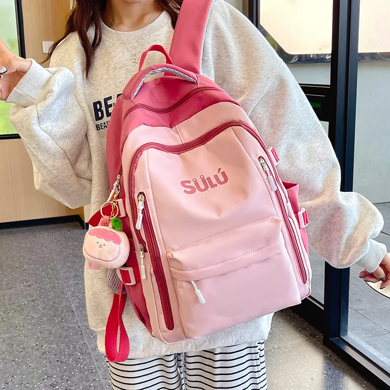 Block Backpack with Cute Plush Pendant Large Capacity Casual School Bag for Teen Girls Daily Use