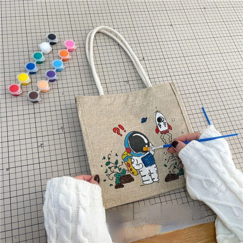 Bolso de mano con grafiti creativo para niños, bolsa de mano de lino con pintura de acuarela y pincel para hacer garabatos, compras caseras, 1 unidad