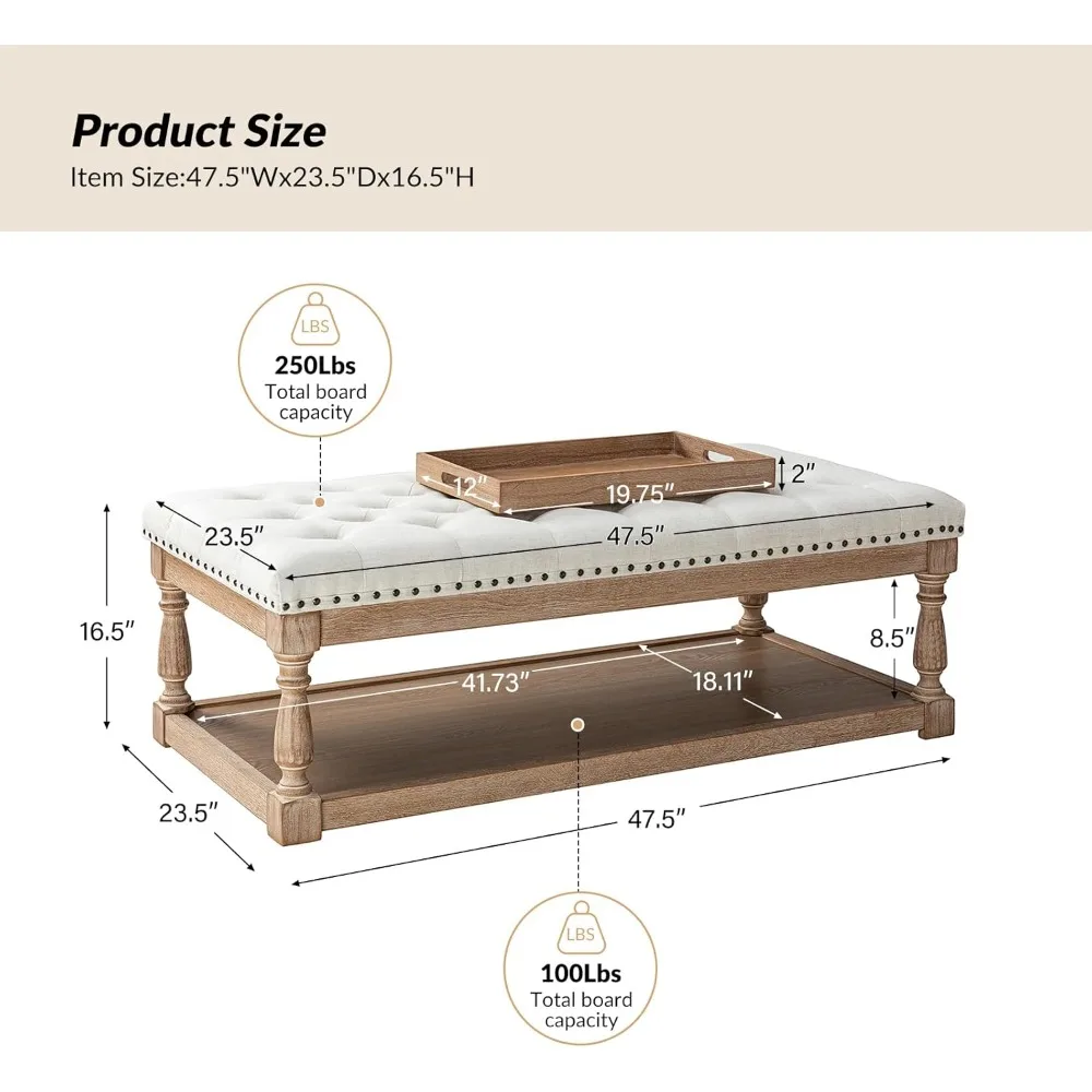 트레이가 있는 직사각형 커피 테이블, 터프티드 거실 오토만, 단단한 나무 보관 선반, 덮개를 씌운 대형 발받침 오토만