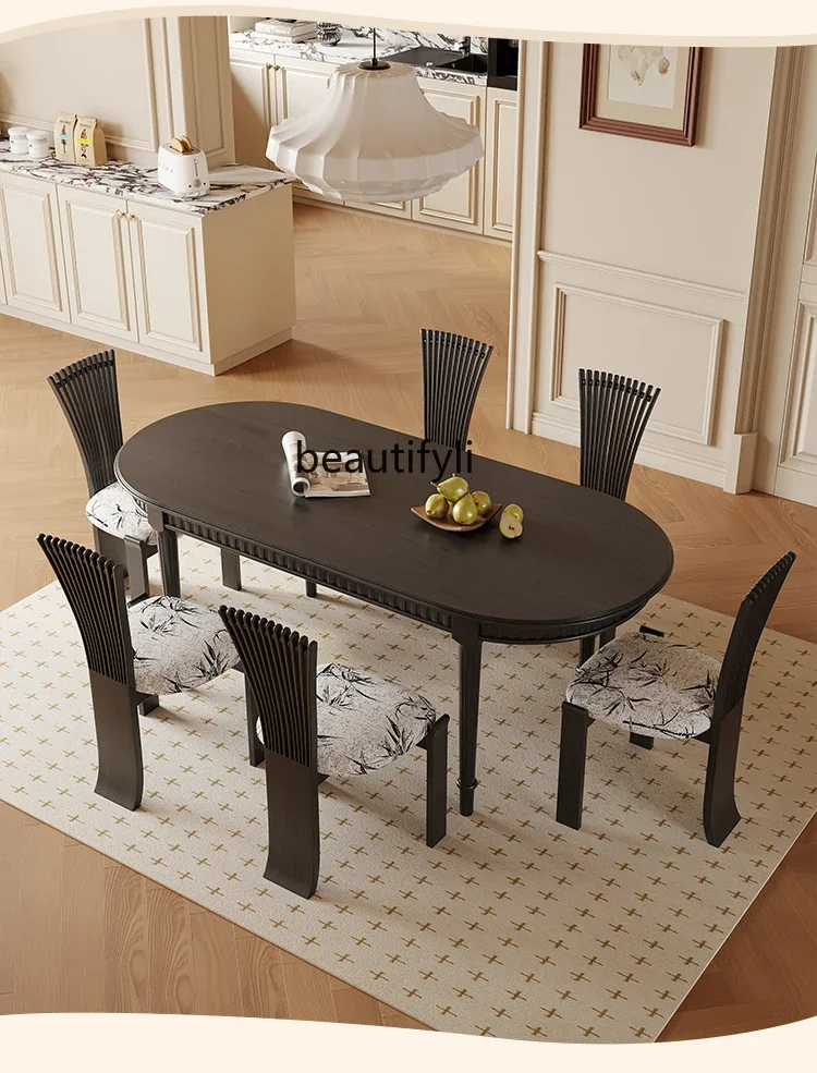 

A13 French Retro Solid Wood Dining Table White Wax Black Oval American Small Apartment Dining Table