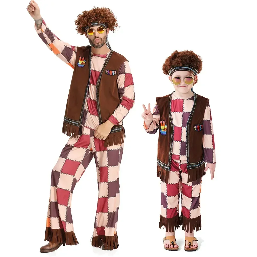 

Kids 60s 70s Vintage Disco Outfits Adult Men Halloween Hippie Costume Fringe Vest Boho Flared Pants Carnival Party Outfits