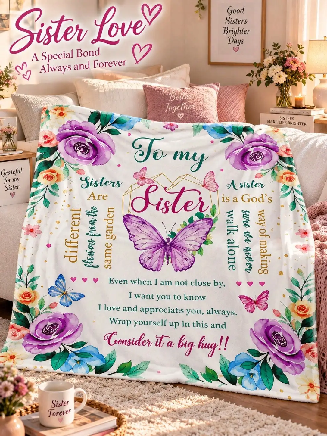 Sister Roses Flannel Blankets Butterfly Love Message Sofa Bed Throw Home Decor Bedroom Living Room Christmas Halloween Thanksgiving Birthday Anniversary Housewarming Gift Family Friends Guestroom Holiday Seasonal Reading Nook Travel Office Couch