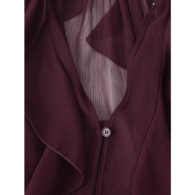 Women's Tops Summer Trendy V-neck Ruffles Pleats Shirt Luxury Brand Design Blouse Single-breasted Long-sleeved Top Blouses