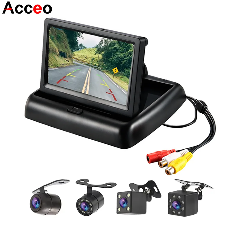 Acceo Car Rear View Camera with 5 Inch Folding LCD HD Monitor, Night Vision LED Backup Camera, Easy Install Parking System