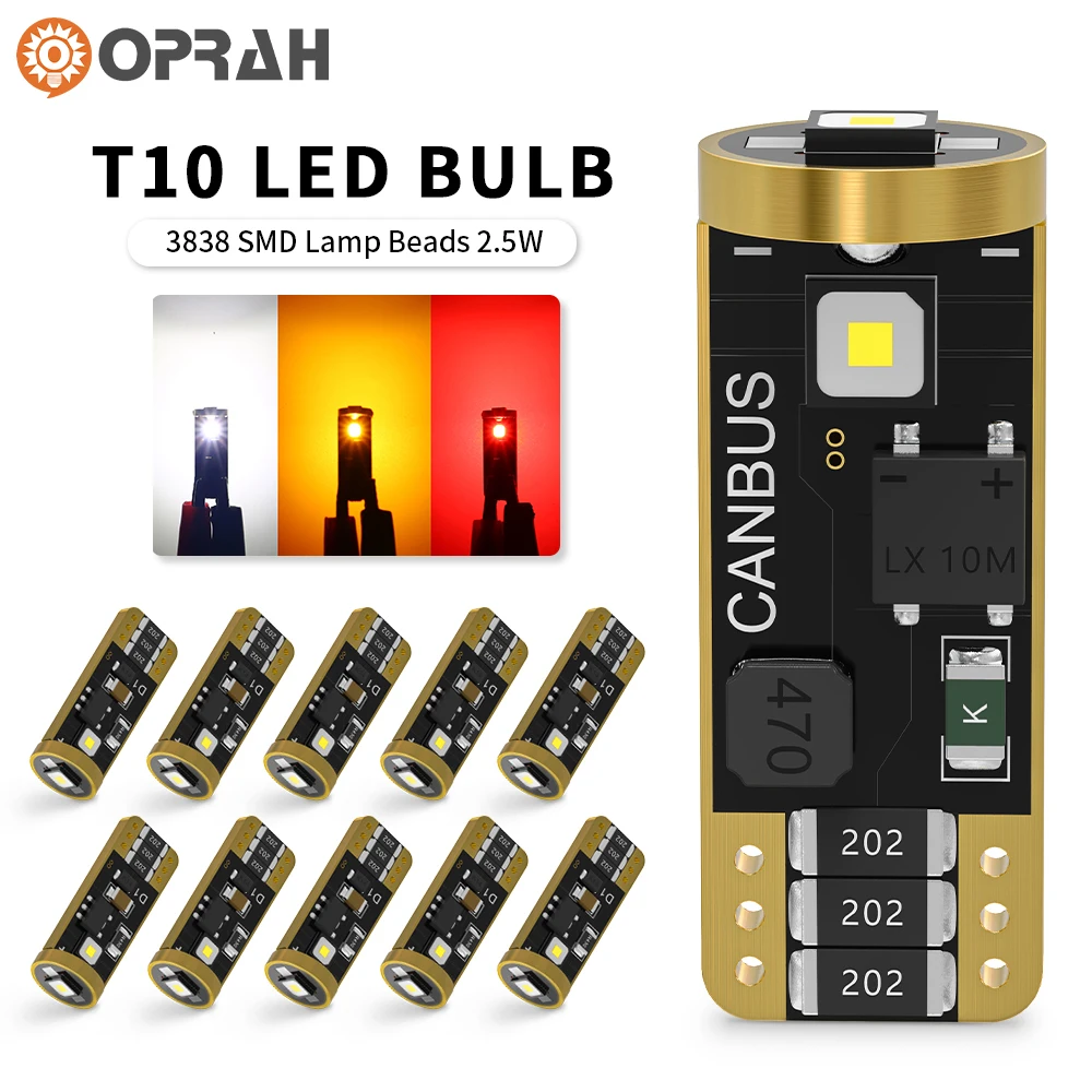 

10pcs T10 W5W 194 501 Led Canbus No Error Car Interior Light 3 SMD 3838 Chip White Instrument Lights Bulb Lamp White 6000K 12V