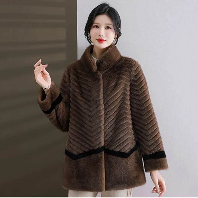 Cappotto di velluto di visone invernale di moda nuovo collo alla coreana da donna di mezza età temperamento medio anziano sciolto caldo imitazione FursCoat