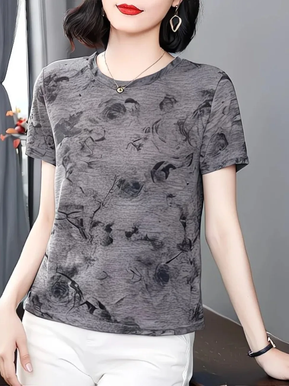 

Mature Women's Short Sleeve T-Shirt Water-Based Ink Print Slimming Summer Fashionable Top Mom's Clothing Loose Fit Polyester