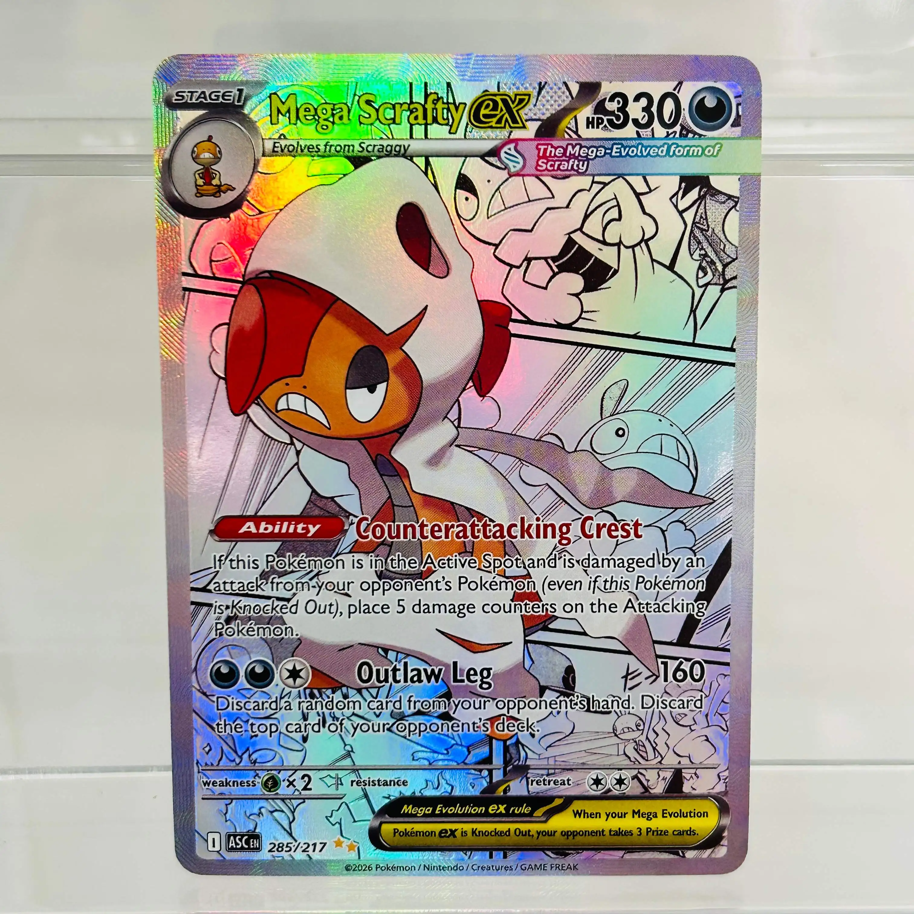 Tarjeta Pokémon Mega Scrafty ex 285/217 en Inglés, con Lámina Holográfica DIY, en Perfecto Estado, Tarjeta Coleccionable de Anime Premium