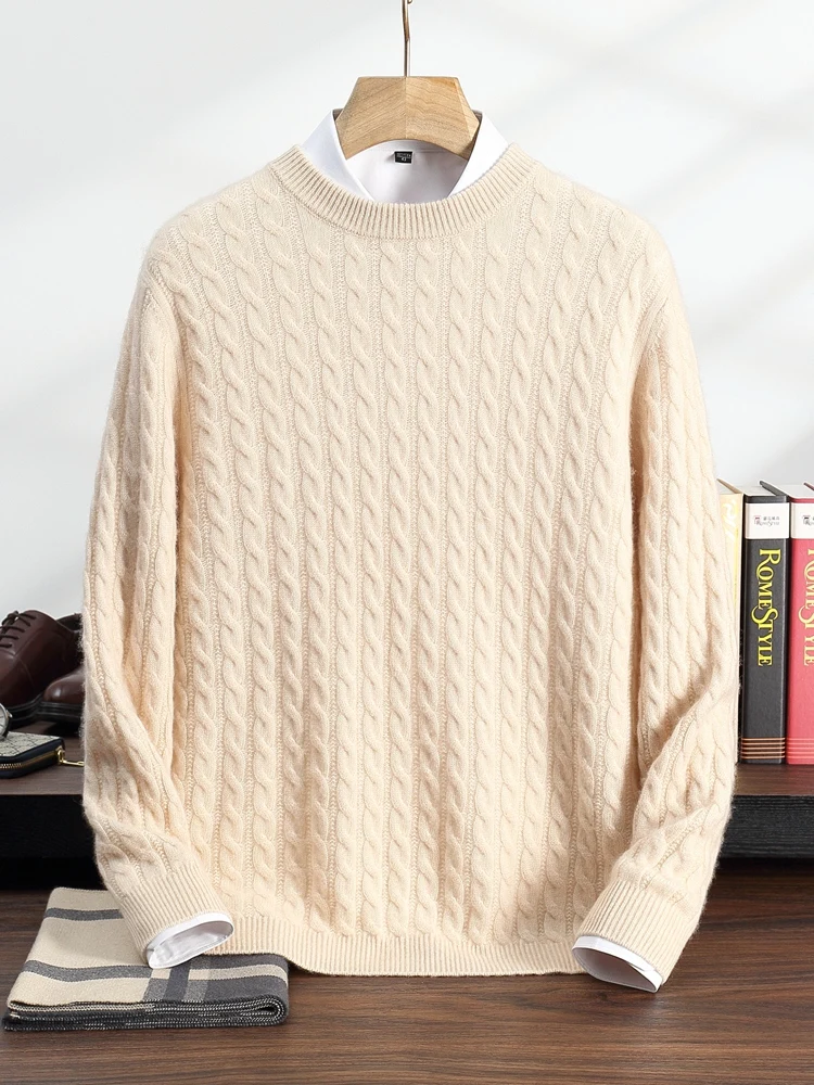 TLOML New Men's 100% Cashmere Sweater O-neck Cable Knit Pullover Autumn Winter Soft Warm Cashmere Knitwear Smart Casual Tops