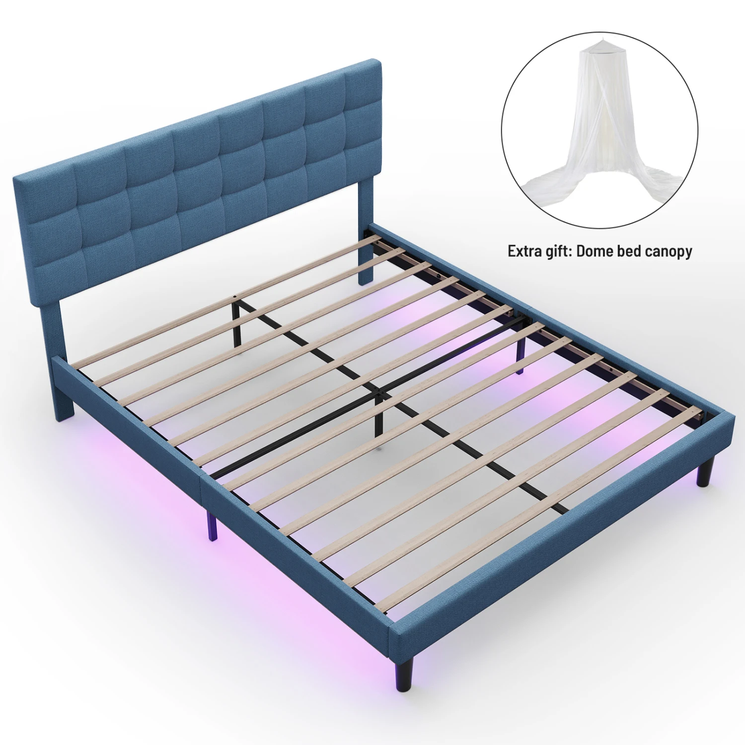 Queen Size Upholstered Platform Bed with Adjustable Headboard and Light System - Blue