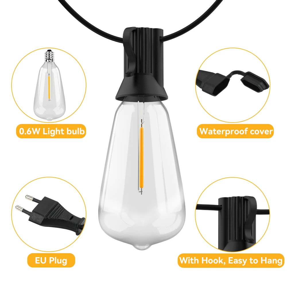 65FT Outdoor-Girlanden-Lichterkette, 48 LEDs + 2 bruchsichere ST38-Edison-Glühbirnen, wasserdicht, für Terrasse, Veranda, Garten, Hochzeit, Dekor, Lampen, 2200 K – Detail 4
