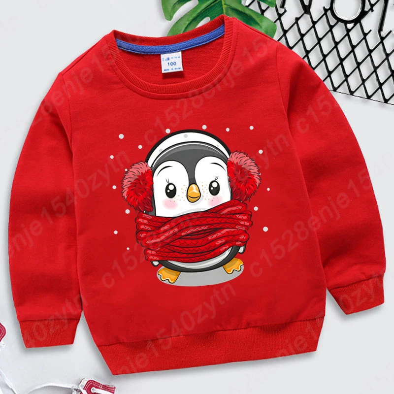 Children Hoodless Sweatshirt Cute Christmas Penguin Print Round Neck Pullover Kids Casual Pure Color Pullover Plus Size Pullover