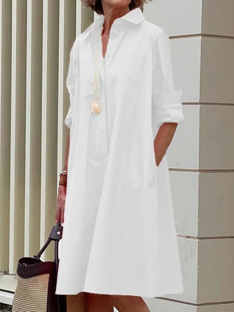 

White Dress Women Korean Fashion Long Sleeve Dresses Solid Casual Loose Shirt Dress with Collar Cotton Linen Clothes for Woman