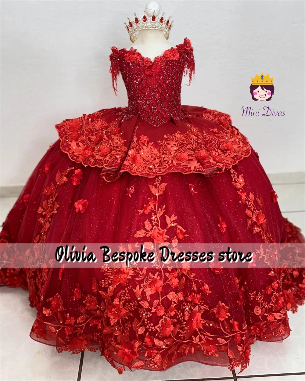 Flamboyant Red Appliques Flower Girls Dresses Ruffle Beadings Ball Gown Birthday Dress Luxury 2024 For Little Girls Formal Gowns