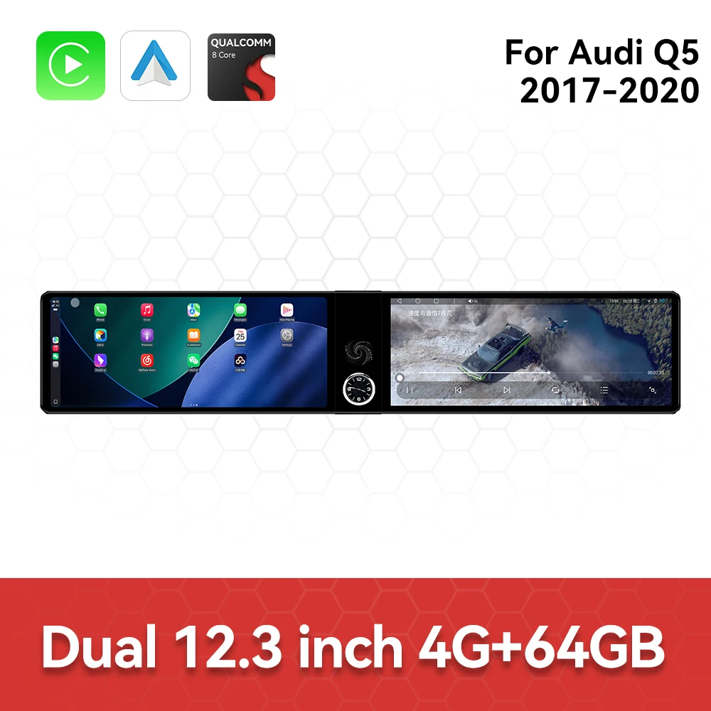 

Dual Screen 12.3 inch Carplay Android 14 Car GPS Navigation For Audi Q5 2017-2020 Head Unit Multimedia Player Car Radio Auto